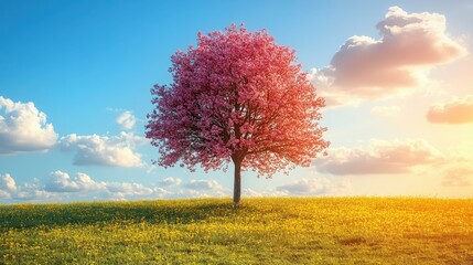 Beautiful pink blooming tree standing alone in sunny meadow at sunrise perfect for nature, spring, landscape, seasonal background, environmental, relaxation, wellness, and outdoor themes