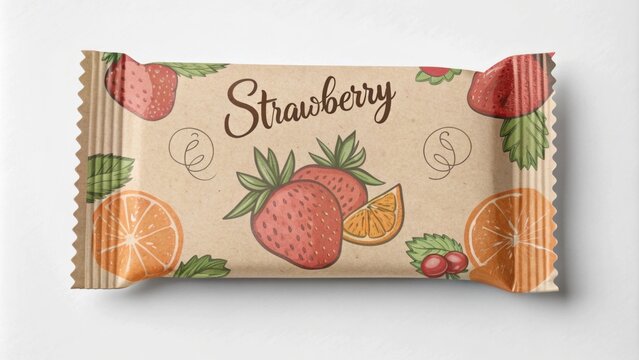 Kraft paper flow pack filled with tasty strawberries and oranges displayed on a white background, showcasing a simple yet appealing design