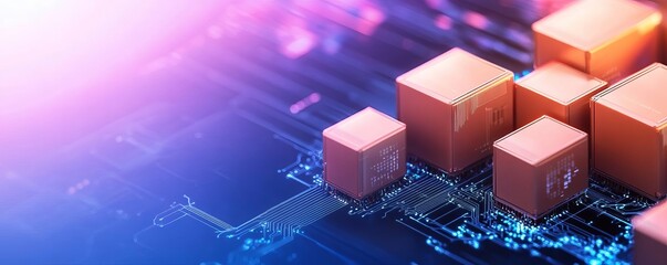 Decentralized logistics hub, blockchain-inspired holograms, sleek high-tech design, luminous effects