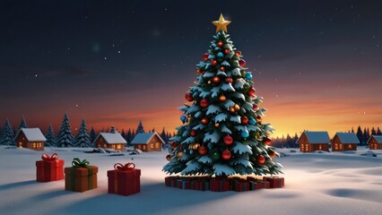 Obraz premium Festive Christmas tree in snowy village at sunset.