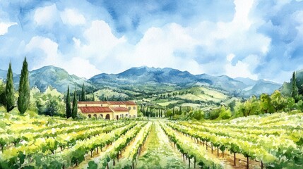 Naklejka premium Tuscan Vineyard Landscape Illustration