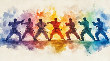Karate Fighters Silhouette in Watercolor Style