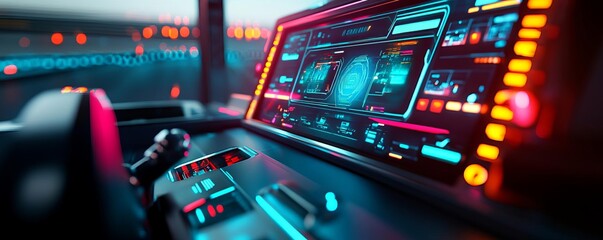 Intelligent freight systems, holographic AI dashboards, vibrant futuristic tones, dynamic lighting