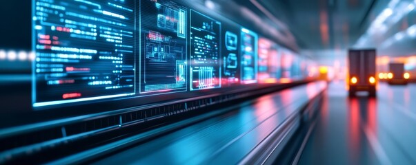 Intelligent freight systems, holographic AI dashboards, vibrant futuristic tones, dynamic lighting