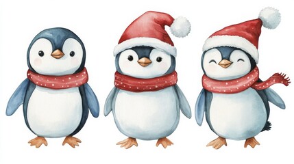 Fototapeta premium Adorable Holiday Penguins in Santa Hats and Scarves