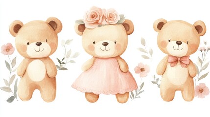 Three Cute Bears with Floral Accents