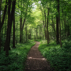 Obraz premium Tranquil Trek: Experience a Lime Green Forest Path through a Hiker's Eyes