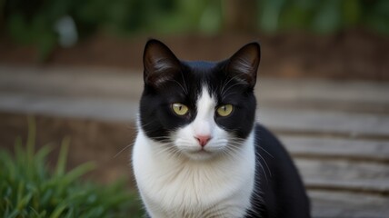 Close-up portrait of a tuxedo cat outdoors. (1)