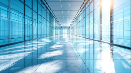 Modern Architecture Interior with Glass Walls and Bright Reflections in a Minimalist Style Hallway