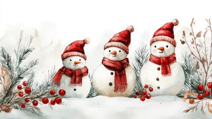 Three Festive Snowmen in Winter Scene