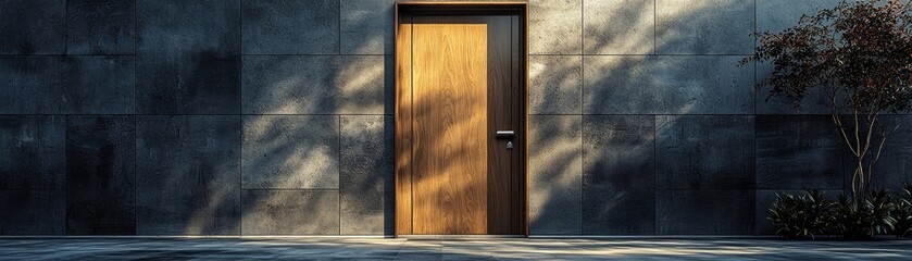 Elegant wooden door in a modern architecture setting with stone wall and natural lighting effects