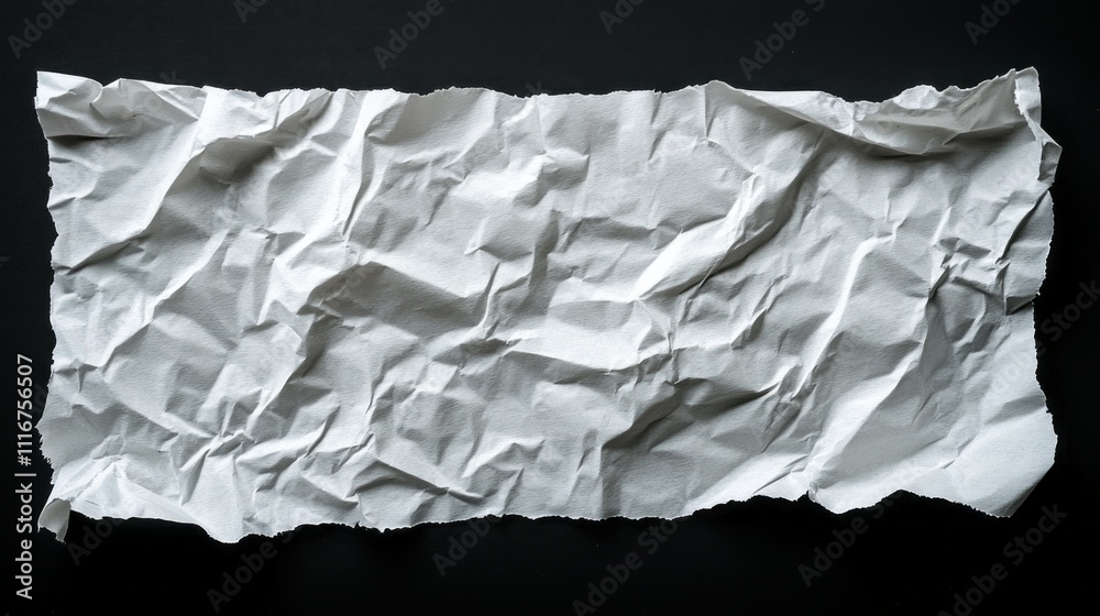 Poster torn and wrinkled white paper lies elegantly on a contrasting dark surface, revealing its unique tex