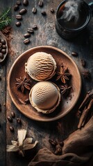 Coffee ice cream scoops with star anise and coffee beans on rustic wooden table, culinary dessert and flavor concept