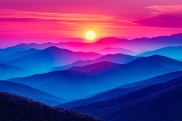 Obraz premium Breathtaking view of a mountain range at sunset, with vibrant colors illuminating the sky and clouds