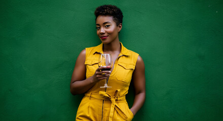 Woman with a drink enjoying wine in stylish yellow outfit against a green background
