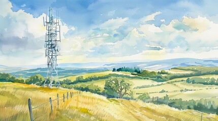 Obraz premium Watercolor Illustration of an Internet Tower in a Serene Countryside Landscape Reflecting Modern Connectivity and Rural Nature Harmony