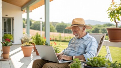 A retired man sits outdoors on his patio surrounded by potted plants and a view of a serene backyard. With a sun hat shielding his eyes he connects to his team via laptop. His