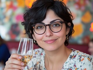 Portrait of young Latina woman with glasses, smiling with glass in hand ready to make a toast