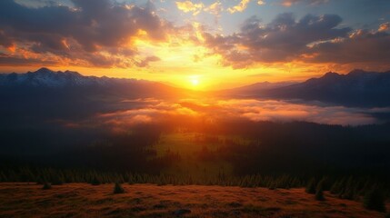 Fototapeta premium Wellness retreat nature-based Frequency healing Esg fintech Nature positive Longtermism Internxt Dezgo EcoVadis Pixop Sunset over mountain range with golden light, scenic landscape for travel, advent