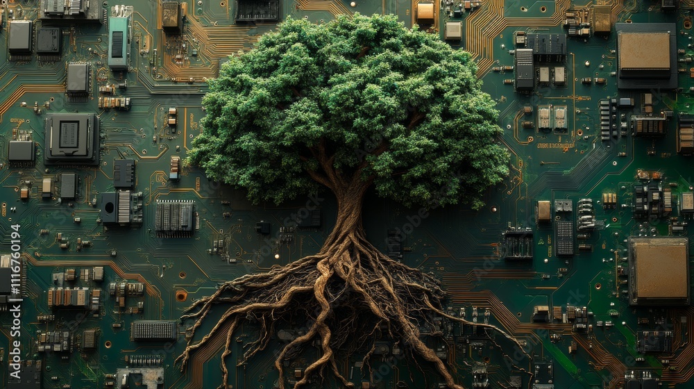 Aufkleber Tree growing from circuit board symbolizing nature and technology integration concept