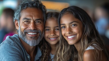 Fototapeta premium A joyful family portrait features a smiling man with two children, radiating happiness and close connection.