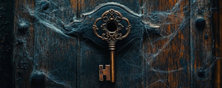Rustic door with antique key and cobwebs, mysterious atmosphere. Vintage nostalgia and suspense concept