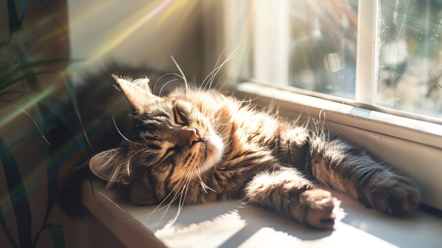 A cat lounging in a sunbeam on a windowsill, with soft shadows and warm light creating a tranquil scene.