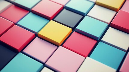 An abstract composition featuring a variety of colorful square tiles arranged in a playful pattern. This creative design showcases bright colors and an artistic layout.