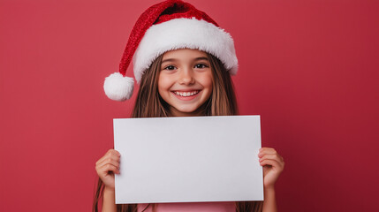 Smiling girl in Santa hat holding a blank white card against a red festive background