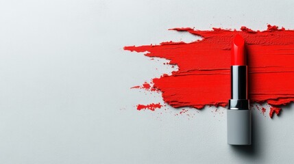 A striking image of vivid red lipstick placed on a textured background, blending art and beauty in a compelling visual statement with color and contrast.