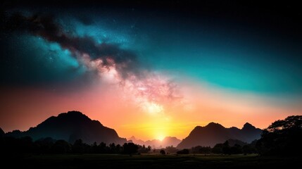 An awe-inspiring scene of a sunrise over rugged mountain ranges, beautifully framed under a...