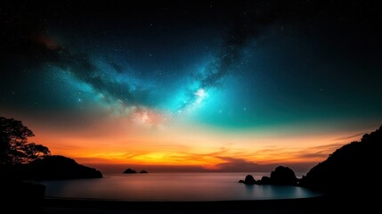 A stunning landscape of a serene ocean view at sunset with a brilliant display of stars and a...