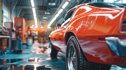 Obraz premium In an automotive paint facility, professionals layer vibrant paints and protective coatings on cars. Their expert precision ensures a seamless finish that enhances the car's appeal.