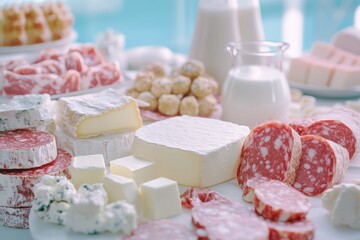 A stand from a farm show with meat and dairy products like fresh milk, white cheese, butter, and salami