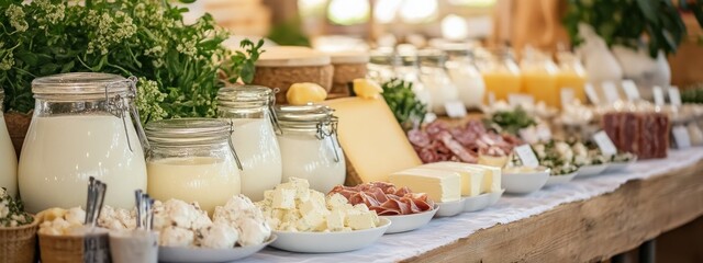 A stand from a farm show with meat and dairy products like fresh milk, white cheese, butter, and salami