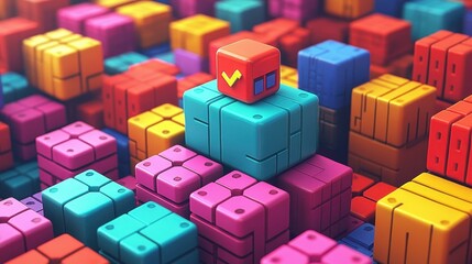 Obraz premium Colorful cubes with checkmark symbol on red cube, abstract 3D puzzle blocks, creative background for technology, business, innovation, or teamwork concepts, vibrant geometric shapes, modern design, d