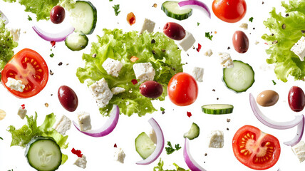 Greek salad ingredients, including tomatoes, cucumbers, red onions, olives, feta cheese, and lettuce, appear to be falling in mid-air on white background. close-up.
