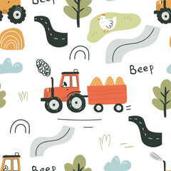 Seamless pattern with tractor. Vector illustration for printing. Cute children's background.   © Дмитрий Бондаренко