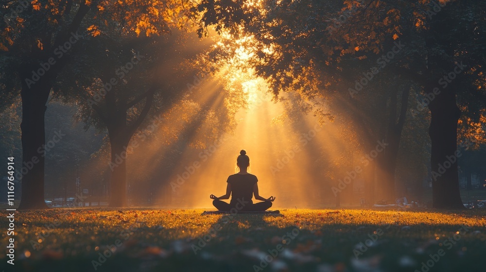 Aufkleber in a tranquil park, a person sits cross-legged on the grass, meditating amid the soft glow of sunlig