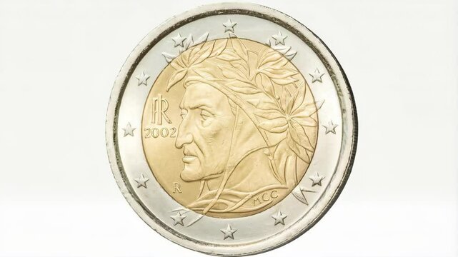 Italian coin of two euro closeup with symbol: famous poet Dante Alighieri from Florence in Italy. Isolated on white studio background. REAL PHOTO ANIMATED BY AI