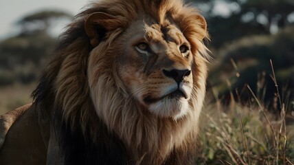 Obraz premium Close up lion. Moody scenic surroundings. 