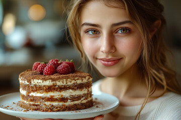 Yong woman holds a beautifully decorated layered cake with cream frosting.