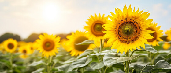 Obraz premium vibrant field of sunflowers under bright sky, symbolizing energy and positivity