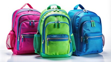 Fototapeta premium Eye-catching school backpacks in bright blue, green, and pink mesh and nylon, crafted for fashionable students seeking practicality and style for their daily adventures.