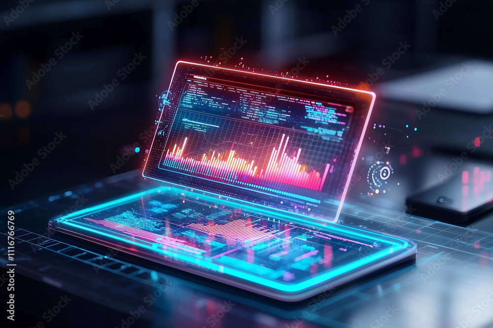 Poster glowing holographic interface displaying AI powered data analytics on futuristic laptop, with vibrant neon colors and high tech atmosphere