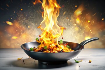 Fiery wok flames leap with fervor, encapsulating culinary excitement and danger, set against a blurred bokeh backdropâ€”where passion meets artistry in a sizzling spectacle.