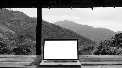 laptop computer With mobile phone on table in coffee shop with hills background