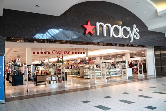 Famous Macy's. store with Christmas decorations at the mall during Christmas sales.