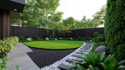 Modern backyard design with curved lawn, stepping stones, and lush greenery.