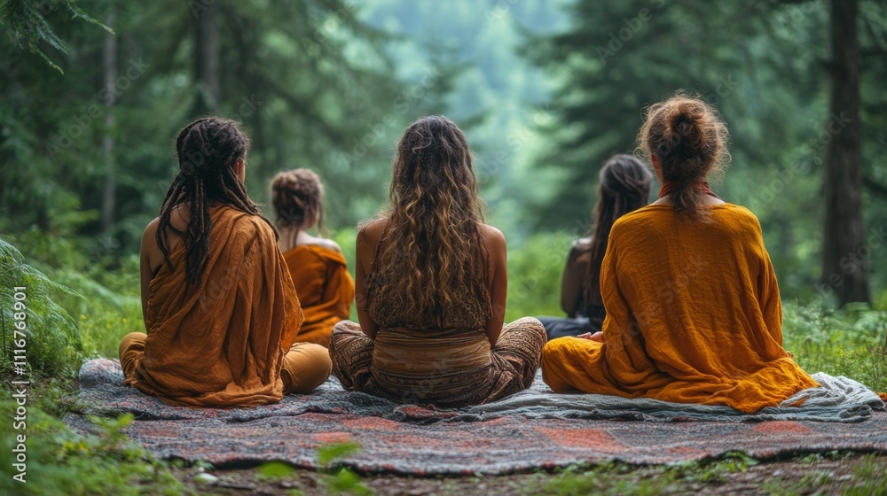 Aufkleber five individuals dressed in earthy tones sit in meditation in a tranquil forest. tall trees provide 